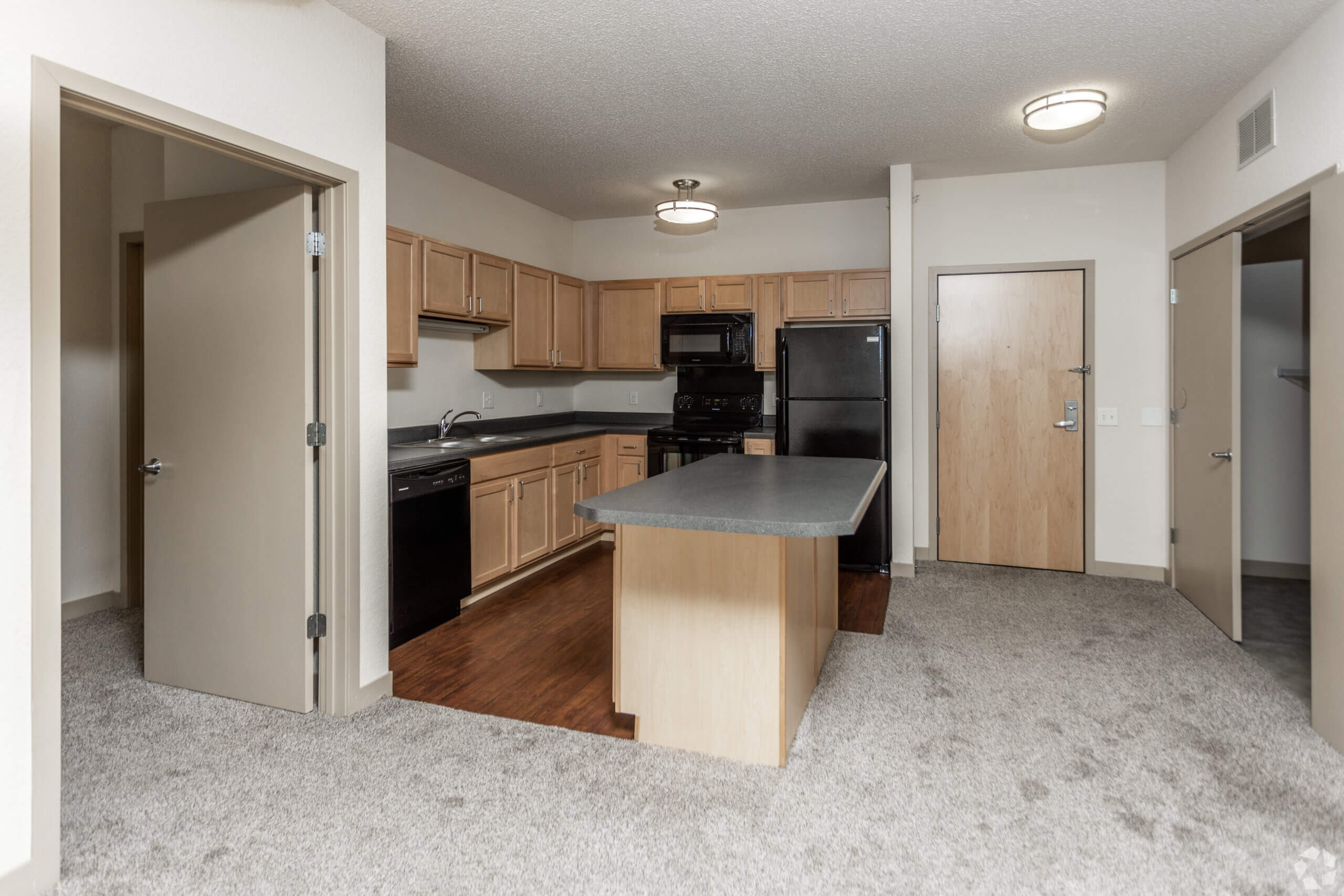 Metro Lofts Apartments interior kitchen image. Neutral walls, black appliances, and plush carpet.