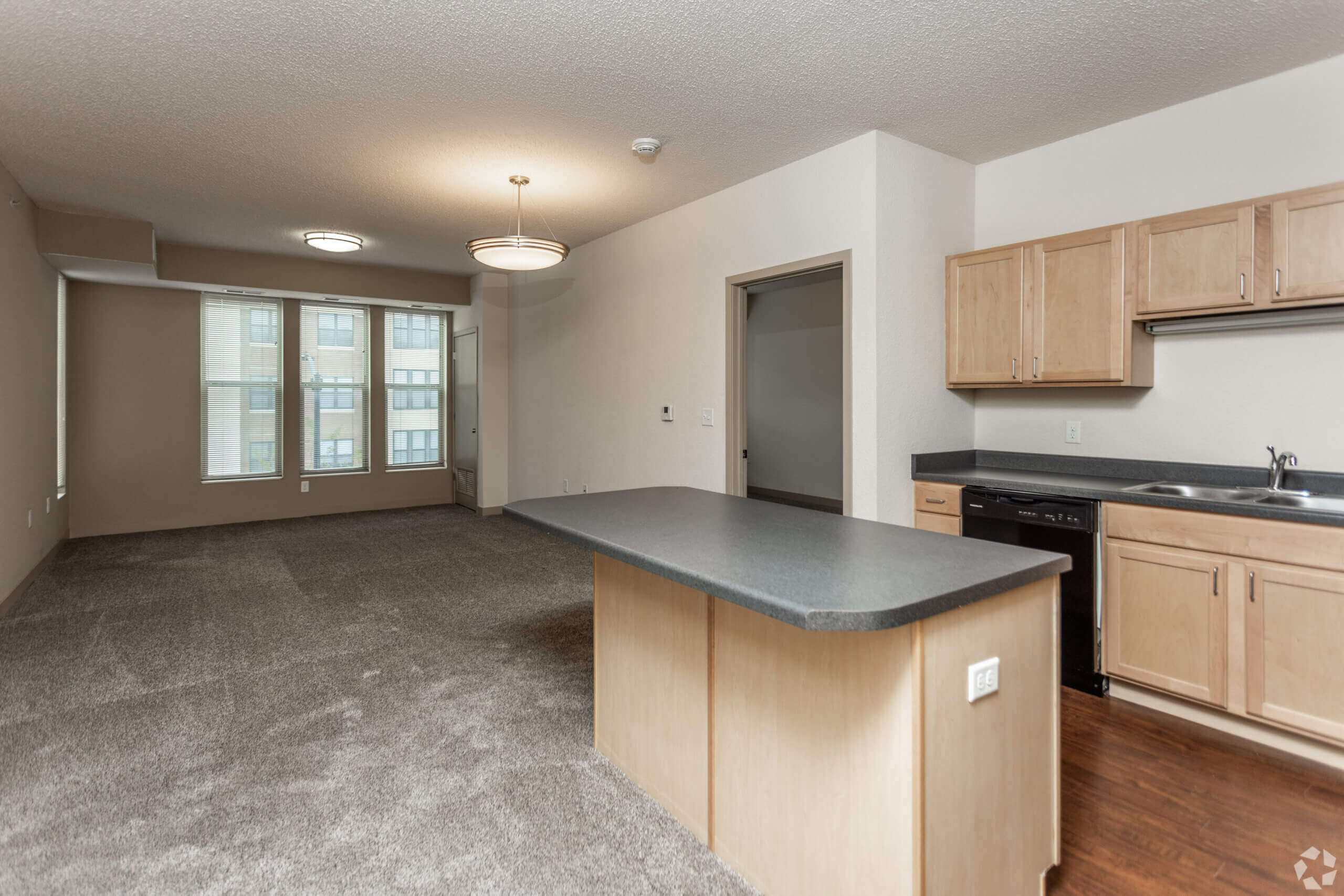 Metro Lofts Apartments interior kitchen image. Neutral walls and plush carpet.