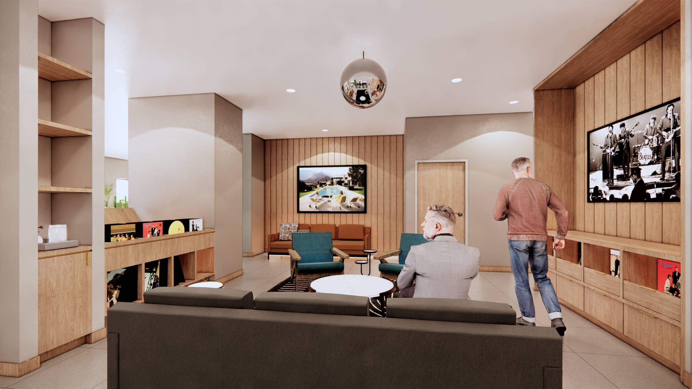 Groove Lofts at Northstar Center apartment Party Room rendering with a couch, chairs, coffee table, TV, and a couple of people lounging and watching TV