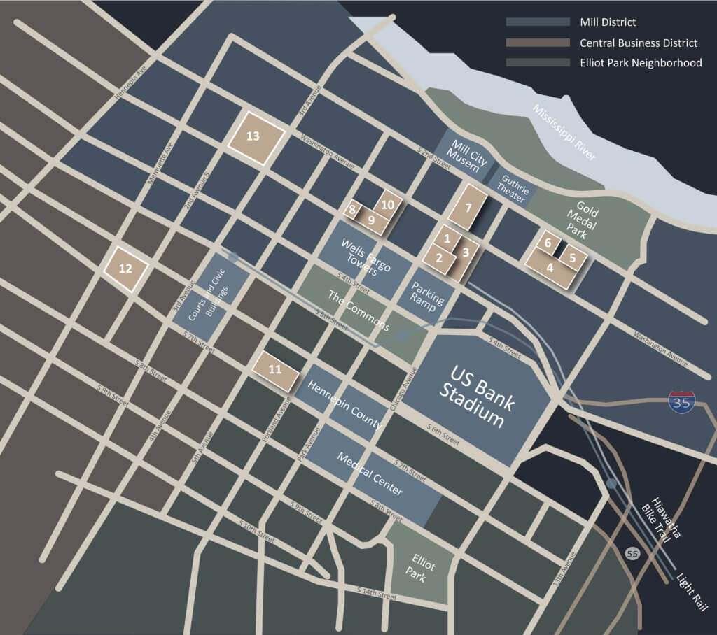 Map of Downtown Minneapolis developments by Sherman Associates
