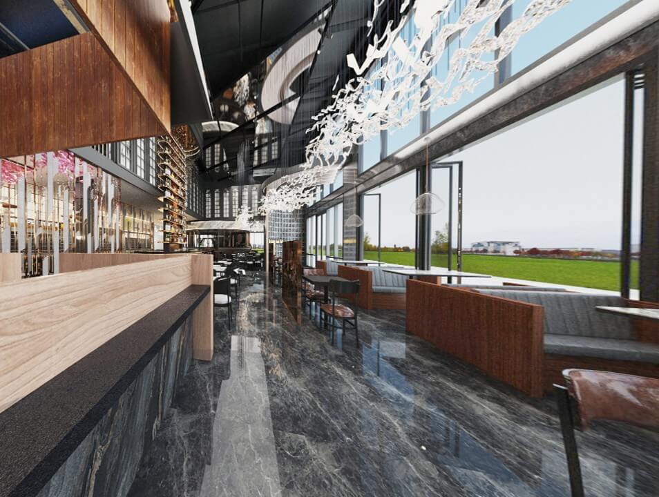 Sherman Associates modern restaurant interior with large windows, wood accents, marble floors, and outdoor views.